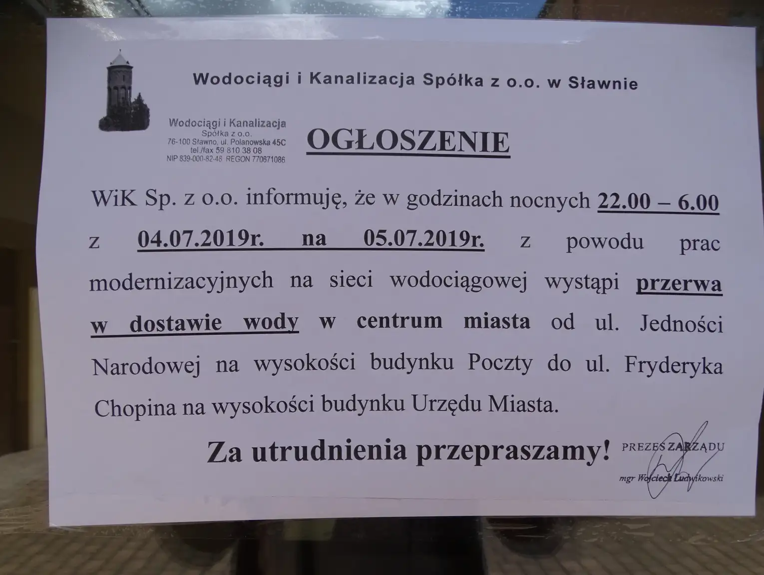 Sławno Przerwa w dostawie wody