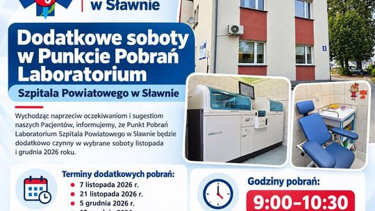 Dodatkowe soboty w Punkcie Pobrań Laboratorium Szpitala Powiatowego w Sławnie w listopadzie i grudniu 2026 roku