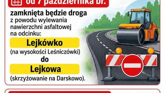 Dwa odcinki dróg w rejonie Lejkowa będą czasowo zamknięte.