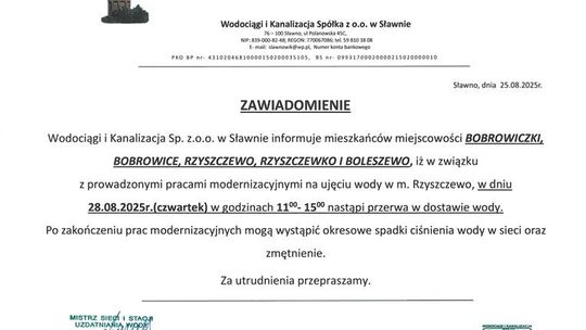 Gmina Sławno: przerwa w dostawie wody