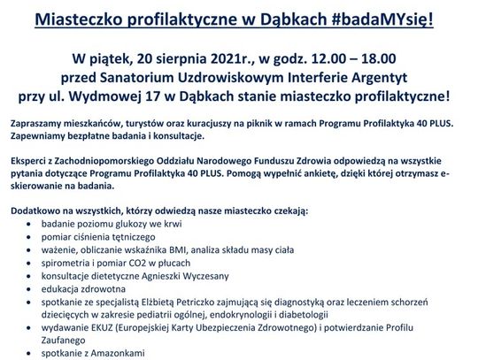 Dąbki: #Profilaktyka 40 PLUS - 20 sierpnia w Dąbkach