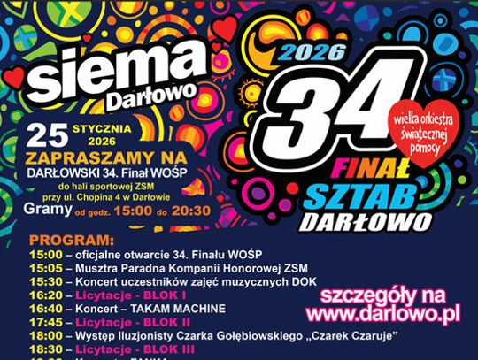 Darłowo: 34. Finał WOŚP - Trzy sztaby na jednej scenie Wystąpią FANKA, Takam Machine, Robert Słobodzian z podopiecznymi i teatr tańca Dyemotion