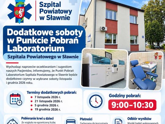 Dodatkowe soboty w Punkcie Pobrań Laboratorium Szpitala Powiatowego w Sławnie w listopadzie i grudniu 2026 roku