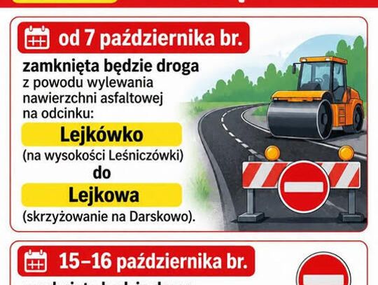 Dwa odcinki dróg w rejonie Lejkowa będą czasowo zamknięte.