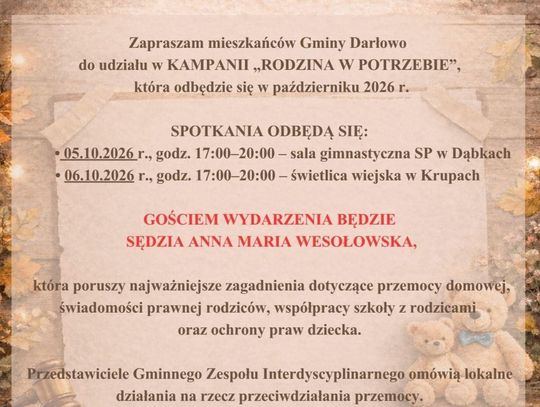 Rodzina w potrzebie: spotkania z sędzią Anną Marią Wesołowską w Gminie Darłowo o prawach rodziców i przeciwdziałaniu przemocy