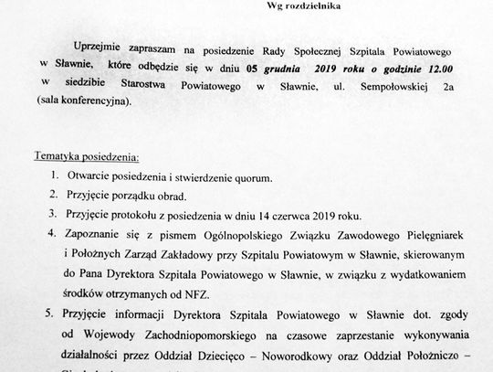 Sławno  Uwaga! Rada Społeczna Szpitala Powiatowego w Sławnie zacznie o 10. a nie o 12.