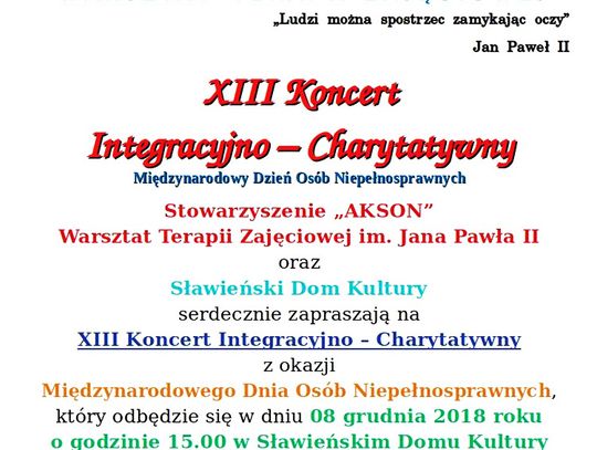 Sławno: Zapraszamy na XIII Koncert Integracyjno-Charytatywny
