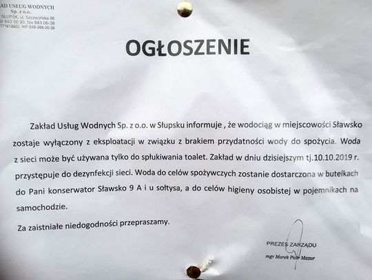 Sławsko: w czwartek problemy z wodą!