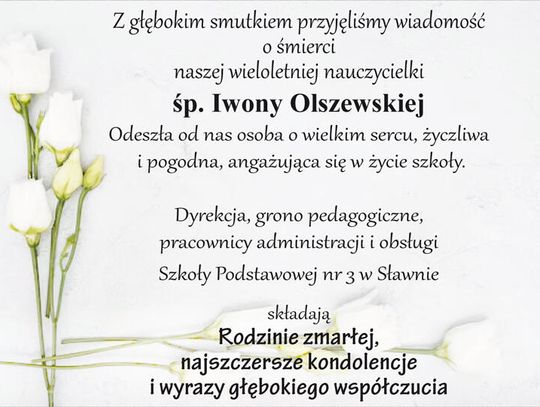 Szkoła Podstawowa nr 3 w Sławnie składa kondolencje rodzinie Iwony Olszewskiej
