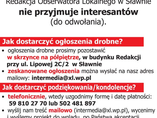 WAŻNE: Redakcja nie przyjmuje interesantów (do odwołania)