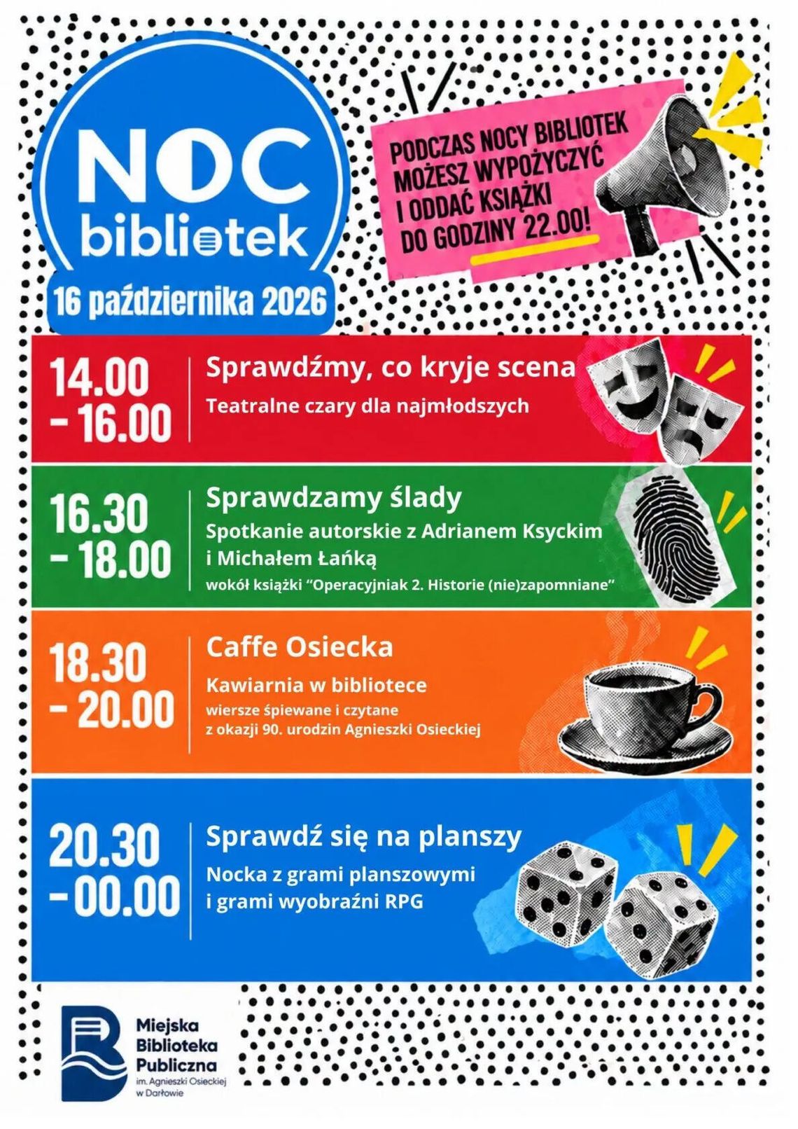 Darłowo: Noc Bibliotek-  teatr, spotkanie autorskie, Osiecka i gry do północy