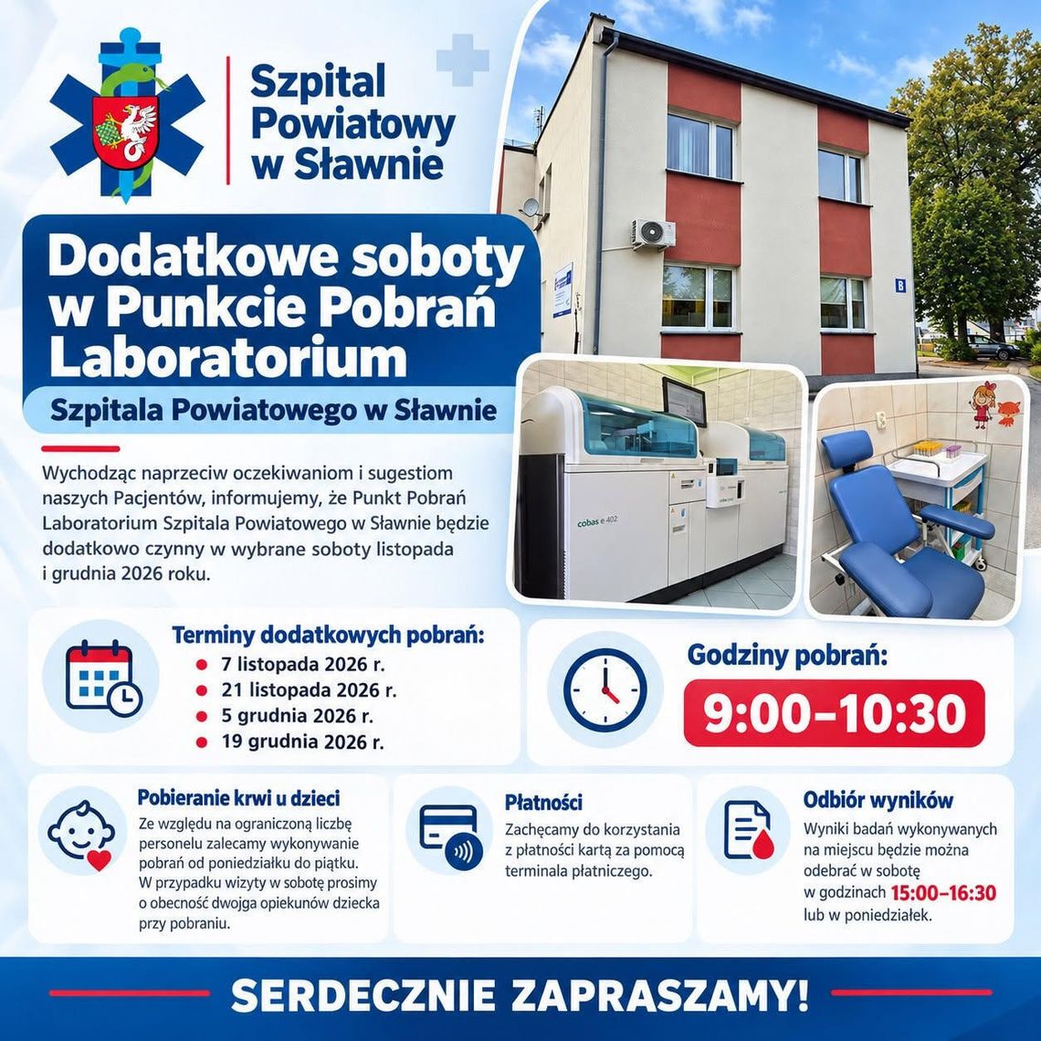 Dodatkowe soboty w Punkcie Pobrań Laboratorium Szpitala Powiatowego w Sławnie w listopadzie i grudniu 2026 roku