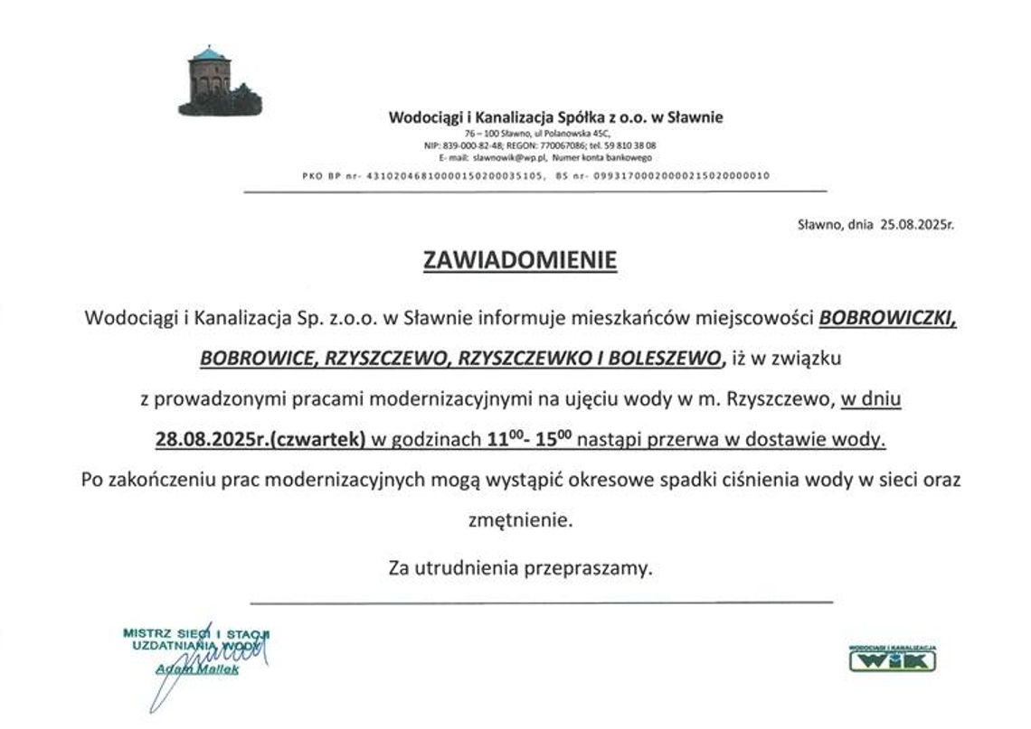 Gmina Sławno: przerwa w dostawie wody