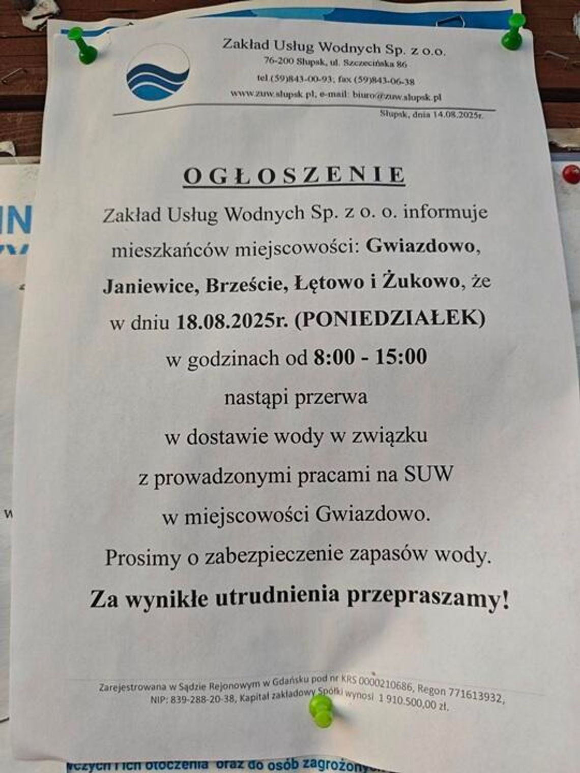 Już jutro przerwa w dostawie wody! Już jutro przerwa w dostawie wody!