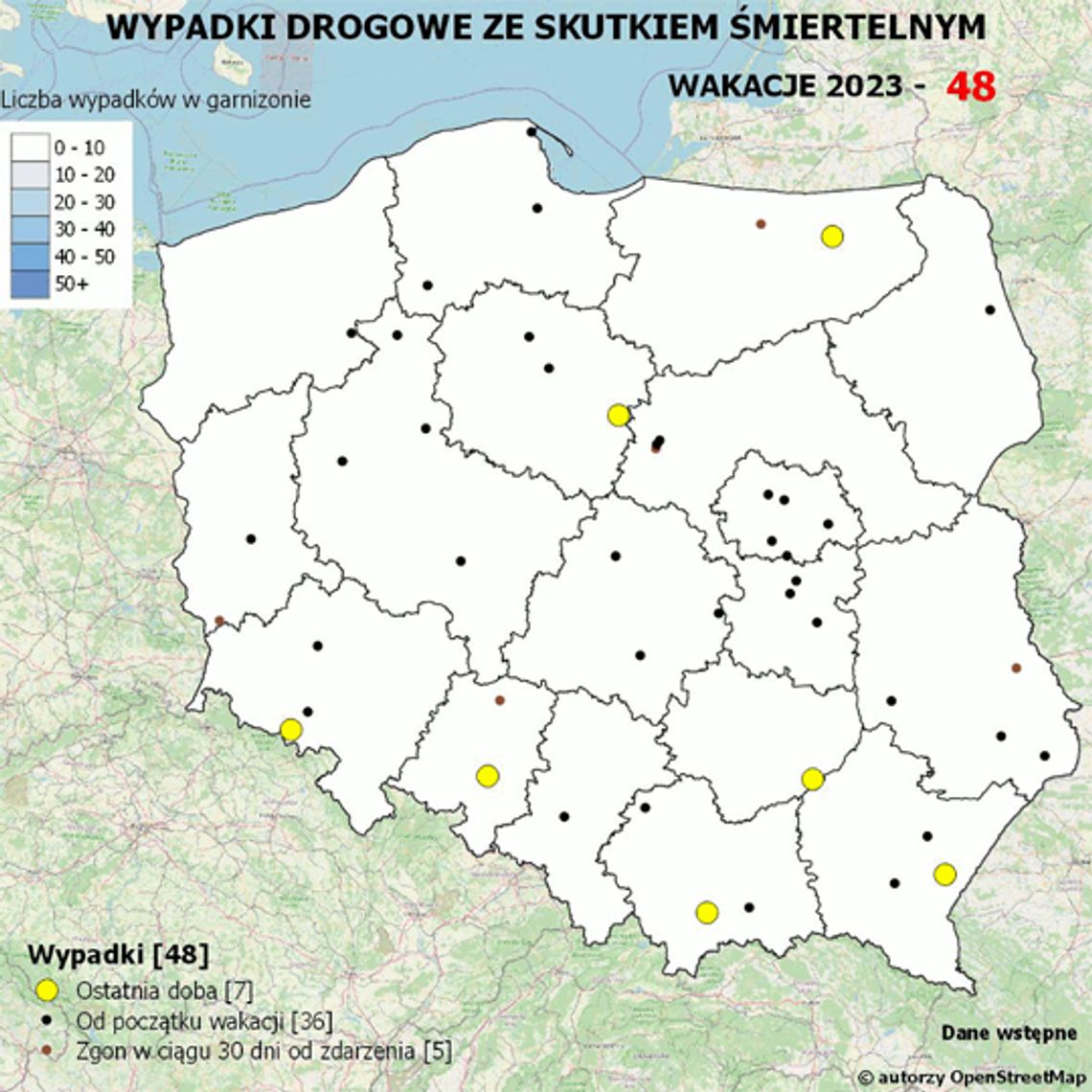 Mapa wypadków drogowych ze skutkiem śmiertelnym - Wakacje 2023