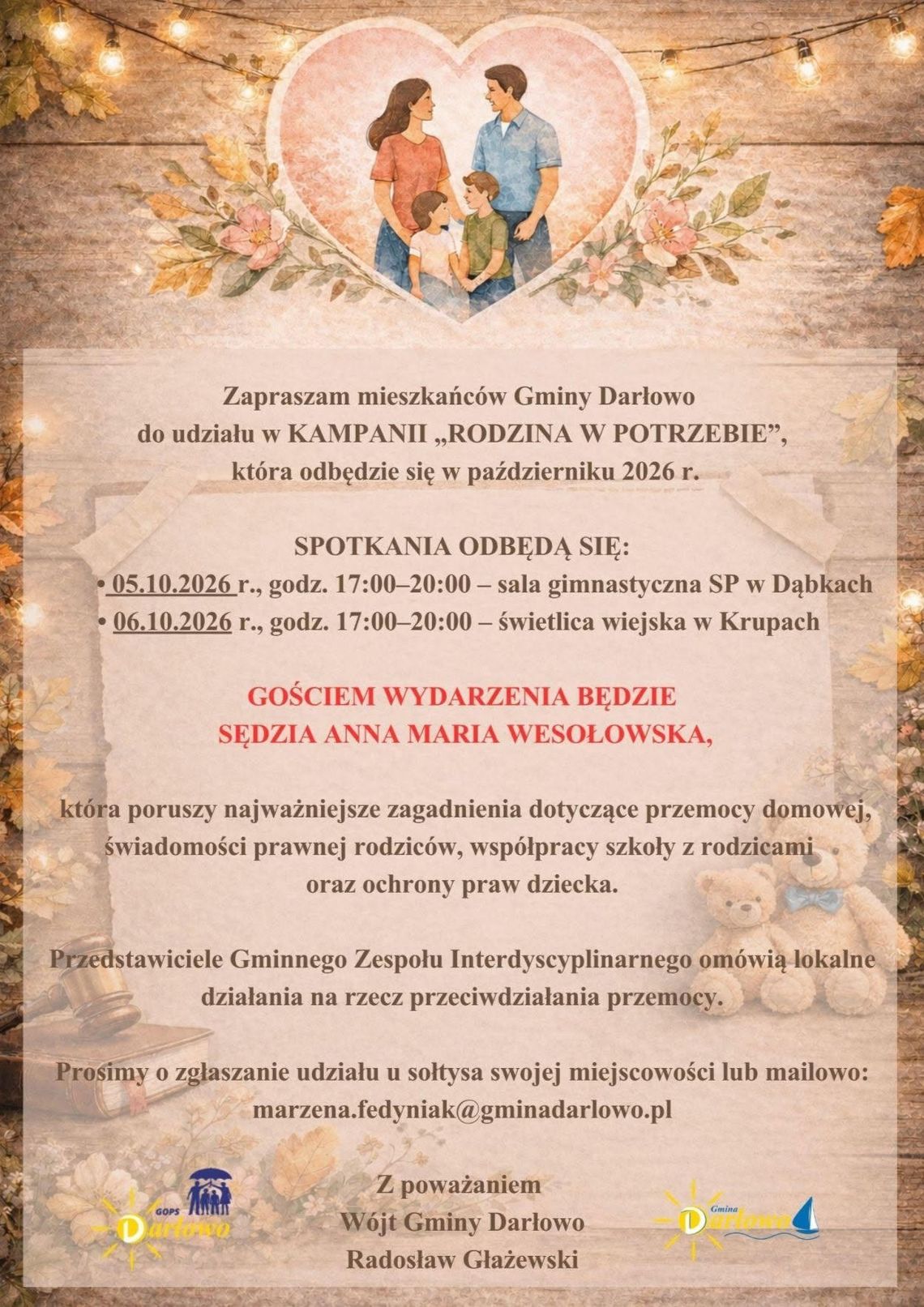 Rodzina w potrzebie: spotkania z sędzią Anną Marią Wesołowską w Gminie Darłowo o prawach rodziców i przeciwdziałaniu przemocy Rodzina w potrzebie: spotkania z sędzią Anną Marią Wesołowską w Gminie Darłowo o prawach rodziców i przeciwdziałaniu przemocy