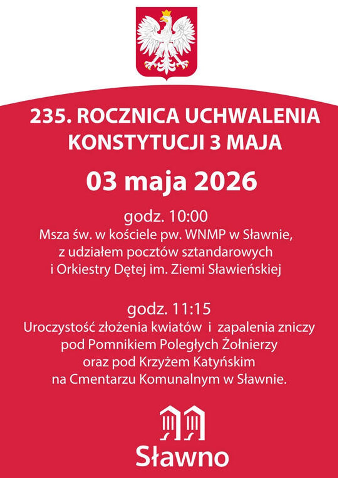 Sławno uczci 235. rocznicę Konstytucji 3 maja. Msza, uroczystości i złożenie kwiatów na Cmentarzu Komunalnym