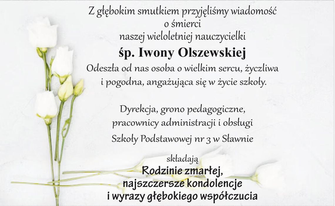 Szkoła Podstawowa nr 3 w Sławnie składa kondolencje rodzinie Iwony Olszewskiej