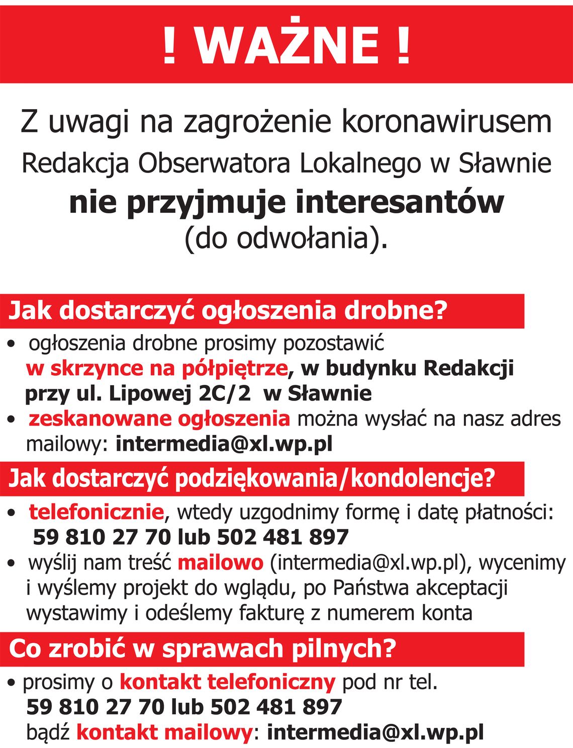 WAŻNE: Redakcja nie przyjmuje interesantów (do odwołania)