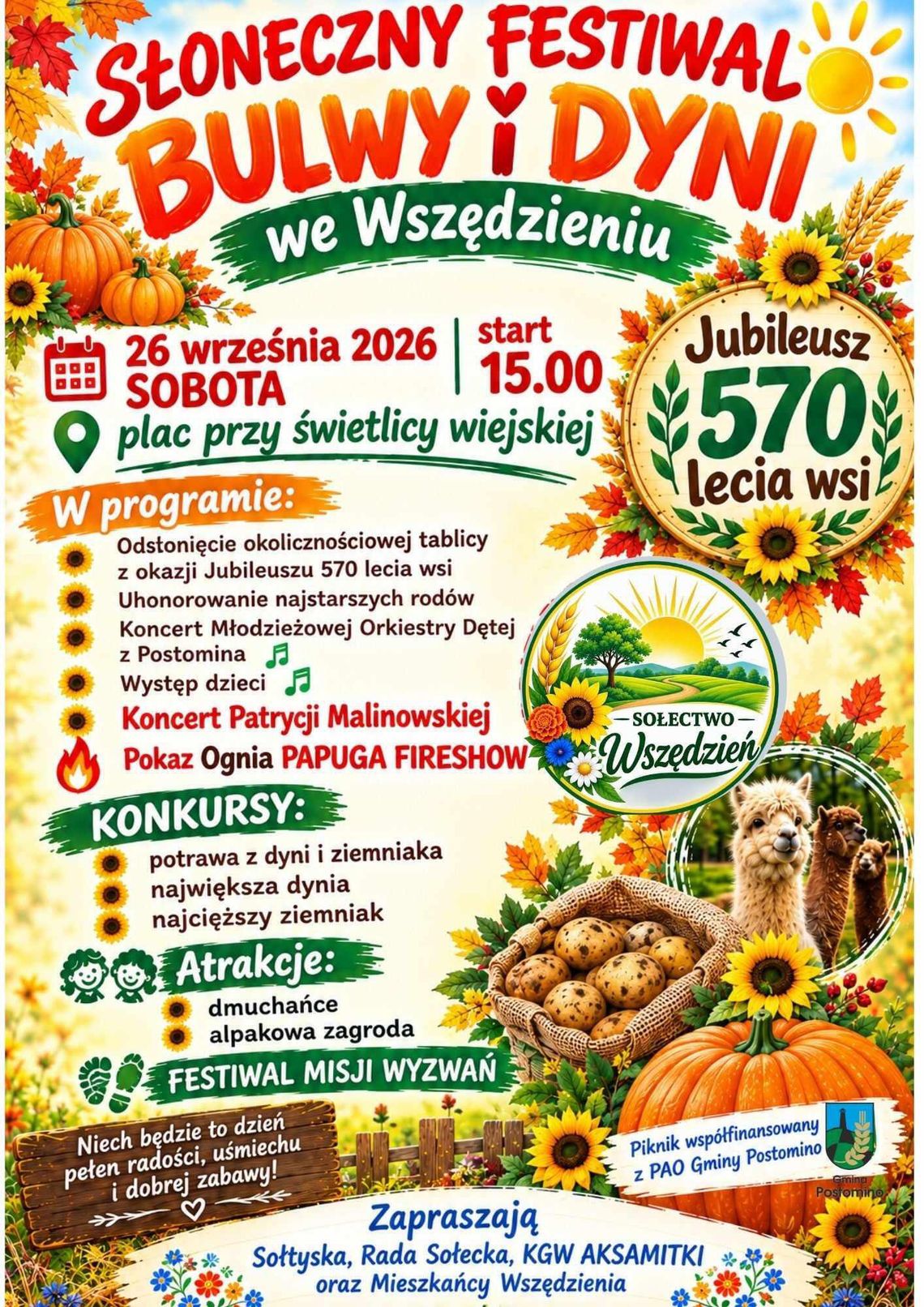 Wszedzień świętuje 570-lecie. Jubileusz, koncerty i Słoneczny Festiwal Bulwy i Dyni Wszedzień świętuje 570-lecie. Jubileusz, koncerty i Słoneczny Festiwal Bulwy i Dyni
