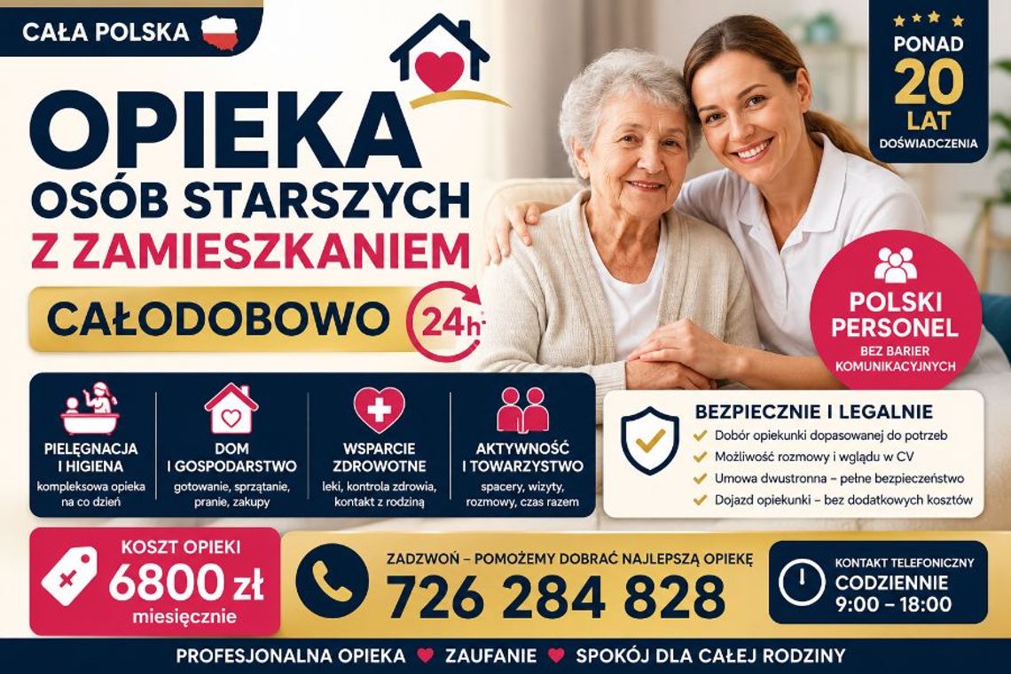 Opieka nad osobą starszą, z zamieszkaniem, 24 godziny